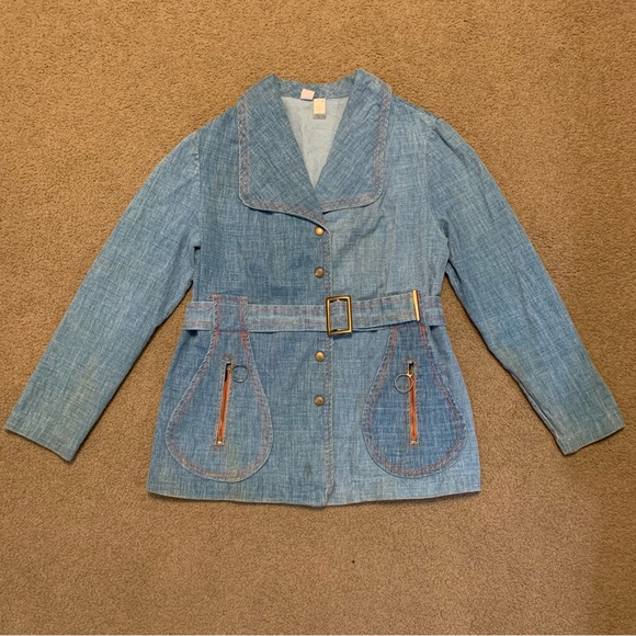Vintage 70s Denim Lab Coat Women’s Small Blazer Chore Jacket Barn Coat Belt - Picture 1 of 16